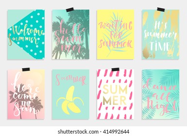 Summer hand drawn calligraphyc card set. Vector collection of bright summer cards. Beautiful summer posters with pineapple, banana, palm leaves and hand written text.  Journal cards 