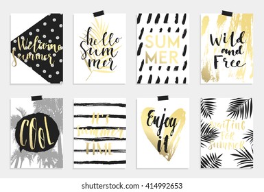 Summer hand drawn calligraphyc card set. Vector collection of black, white, gold colored summer cards. Beautiful summer posters with pineapple, banana, palm leaves and hand written text. Journal cards