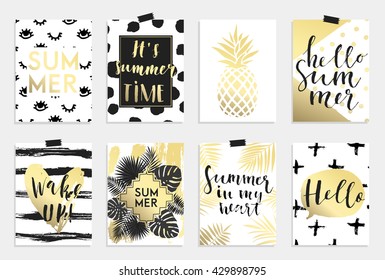 Summer hand drawn calligraphyc card set. Vector collection of black, white, gold colored summer cards. Beautiful summer posters with pineapple, palm leaves and hand written text. Journal cards