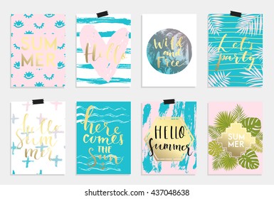 Summer hand drawn calligraphyc card set. Vector collection of bright pink blue gold summer cards. Beautiful summer posters with pineapple, banana, palm leaves and hand written text. Journal cards