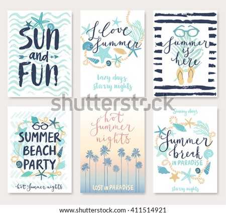 Summer hand drawn calligraphyc card set. Vector illustration.