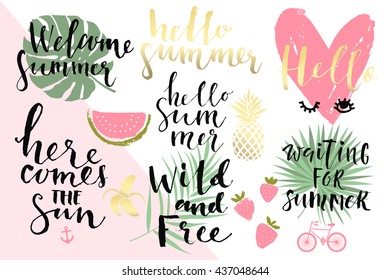 Summer hand drawn calligraphyc elements set. Vector collection of black, white, gold colored summer lettering. Beautiful summer quotes posters with palm leaves and hand written text. Journal stickers