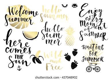 Summer hand drawn calligraphyc elements set. Vector collection of black, white, gold colored summer lettering. Beautiful summer quotes posters with palm leaves and hand written text. Journal stickers