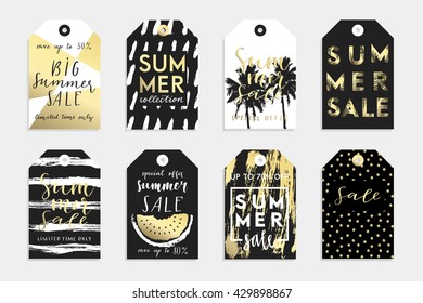 Summer hand drawn calligraphyc sale tags set. Vector collection of black white and gold colored summer labels. Beautiful summer posters with palm leaves, textures and hand written text. Fashion tags