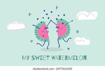 Summer hand drawn card. Summer poster with cute funny watermelons slice character. concept of falling in love.
