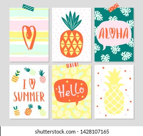 Summer hand drawn cards with pineapples and typography. Set of bright posters with hand written text. Vector illustration.