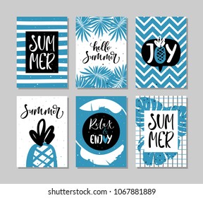Summer hand drawn cards set with hand written text. Vector illustration.