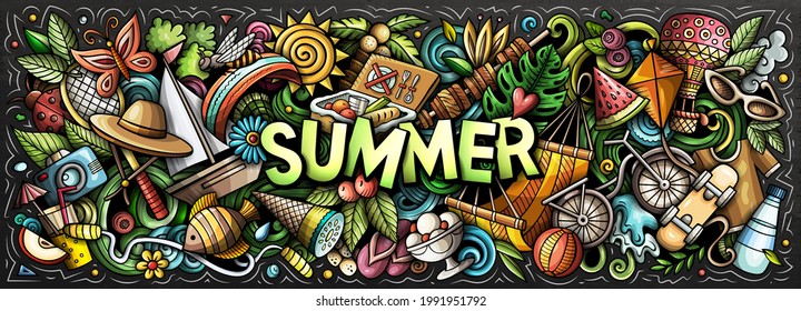 Summer hand drawn cartoon doodle illustration. Funny seasonal design. Creative art vector background. Handwritten text with summertime elements and objects. Colorful chalkboard composition