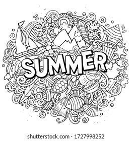 Summer hand drawn cartoon doodles illustration. Funny seasonal design. Creative art vector background. Handwritten text with vacation elements and objects. Sketchy composition