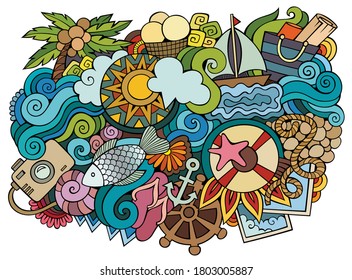 Summer hand drawn cartoon doodles illustration. Funny travel design. Creative art vector background. Nature symbols, elements and objects. Colorful composition