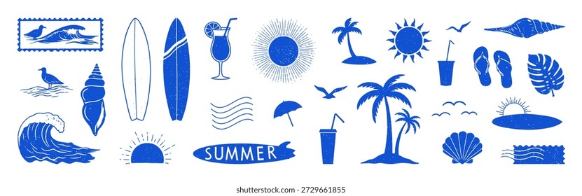 Sommer handgezeichnete Kollektion. Surf, tropische Urlaubsset.