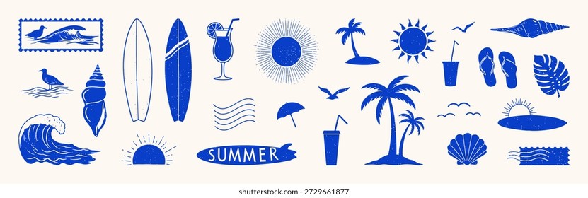 Summer hand drawn collection. Surf, tropical vacation set.