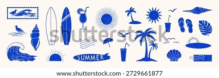 Summer hand drawn collection. Surf, tropical vacation set.