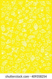 Summer hand drawn collection with travel elements. Doodle sun, shorts, swimsuit, glasses, watermelon, banana, candy