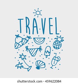 Summer hand drawn collection with travel elements. Vector Illustration. eps10