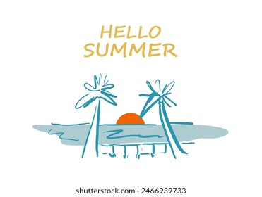 Summer hand drawn colored set of simple decorative elements. 