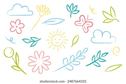 Summer hand drawn colorful crayon elements set. Leaves, flowers, sun, clouds doodle brush style on white background.