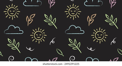 Summer hand drawn colorful crayon seamless pattern. Leaves, flowers, sun, clouds doodle chalk brush on black background.