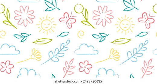 Summer hand drawn colorful crayon seamless pattern. Leaves, flowers, sun, clouds doodle chalk brush on white background.