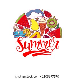 summer - hand drawn composition with lettering. Modern calligraphy. Vector illustration on white background as poster, postcard, card, invitation template. Concept summer advertising.

