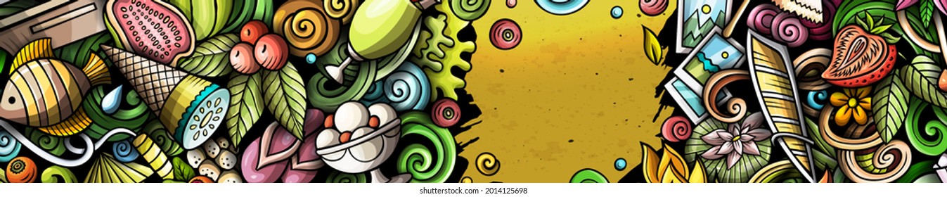 Summer hand drawn doodle banner. Cartoon vector detailed flyer. Illustration with summertime objects and symbols. Colorful horizontal background