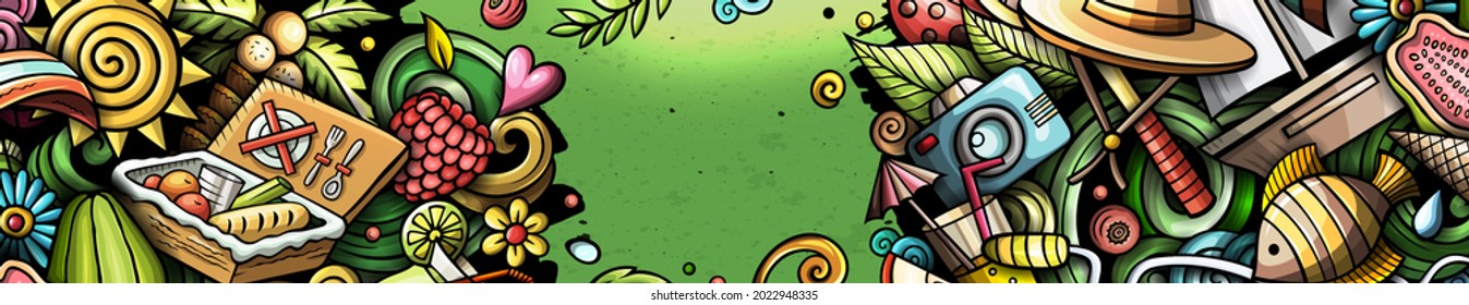 Sommerhandgezeichneter Doodle-Banner. Cartoon Vektordetaillierter Flyer. Illustration mit Objekten und Symbolen im Sommer. Farbiger horizontaler Hintergrund