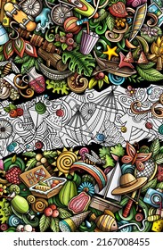 Summer hand drawn doodle banner. Cartoon vector detailed flyer. Illustration with summertime objects and symbols. Colorful background