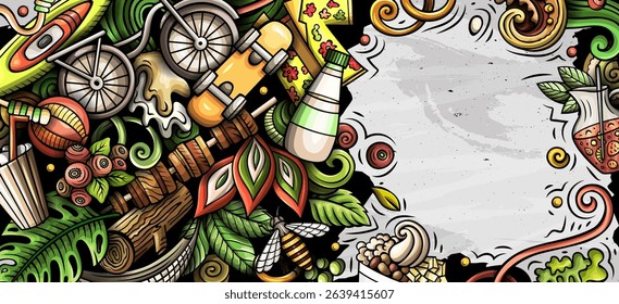 Summer hand drawn doodle banner. Cartoon vector detailed flyer. Illustration with summertime objects and symbols. Colorful background