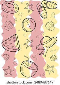 Summer hand drawn doodle with stars, seashell, hat, watermelon, sandals, beach ball and float for summer vibes