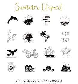 Summer hand drawn elements: dolphin, seagull, ship, travel, globe, bicycle, ocean. Summer clipart