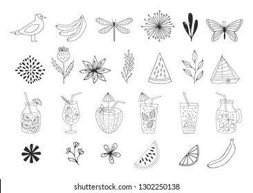 Summer hand drawn elements with ink texture