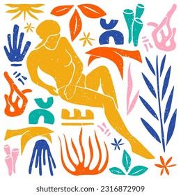 Summer Hand Drawn Flat Art Illustration Matisse Style, Colorful Mid Century Abstract Shapes