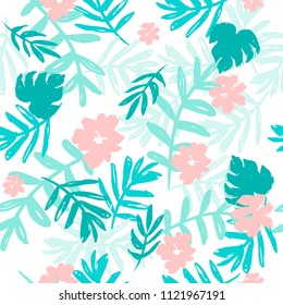 Summer Hand Drawn Floral Pattern with Simple Plants 