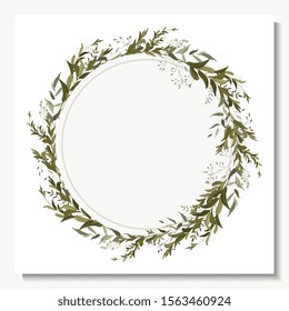 Summer hand drawn green eucalyptus,  chamomile, isolated template vector illustration.
Greenery wreath in watercolor style, vintage geometric frame with leaves, foliage and botanical wedding elements.