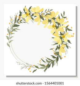Summer hand drawn green eucalyptus, fern, chamomile, cosmey isolated template vector.
Greenery wreath in watercolor style, vintage geometric frame with leaves, foliage and botanical wedding elements.
