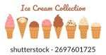 Summer hand drawn Ice Cream Clipart collection. Soft chocolate, vanilla, strawberry gelato, melted scoop in waffle cone on white background. Isolated Hand drawn flat Vector illustration EPS10