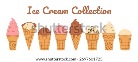 Summer hand drawn Ice Cream Clipart collection. Soft chocolate, vanilla, strawberry gelato, melted scoop in waffle cone on white background. Isolated Hand drawn flat Vector illustration EPS10