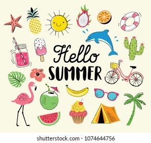 Iconos dibujados a mano de verano y elementos para vacaciones de verano, viajes, vacaciones en la playa, sol.