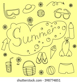 summer hand drawn icons pencil sketch, many different details of summer vocation recreation.summer postcard background funny cartoons
