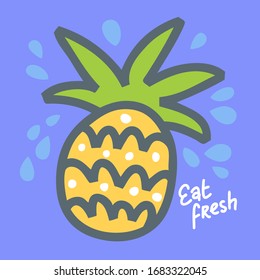 Summer hand drawn illustration with pineapple on purple background. Brochure, flyer, banner, poster. Design templates. Healthy food menu cover.