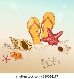 Summer hand drawn illustration with seashells, starfish and flip flops