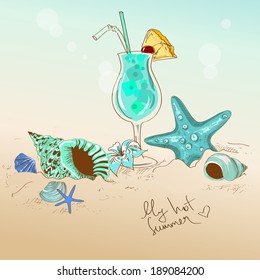 Summer hand drawn illustration with seashells, starfish and cocktail
