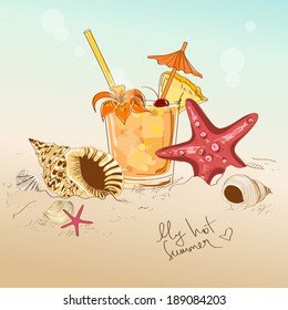 Summer hand drawn illustration with seashells, starfish and cocktail
