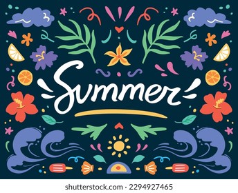 Ilustración de verano dibujada a mano con tipografía. Postales de temporada de verano con hojas de palma, olas, hibiscos, cítricos. Plantillas vectoriales para tarjetas, afiches, volantes, banners 
