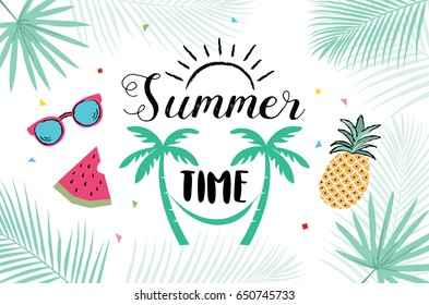 Summer hand drawn illustrations and elements for summer holiday, travel, beach vacation, sun.