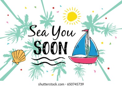 Summer hand drawn illustrations and elements for summer holiday, travel, beach vacation, sun.