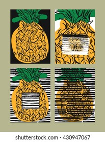 Summer hand drawn ink stroke textured card set. Vector collection of black, white, yellow and green colored summer cards. Beautiful summer posters with pineapple and place for your text. Journal cards