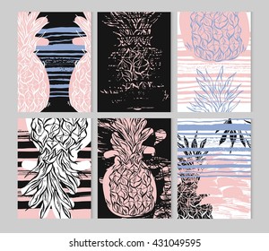 Summer hand drawn ink stroke textured card set.Vector collection of black,white,rose quartz and serenity colored summer cards.Journal beautiful summer posters with pineapple and place for your text.