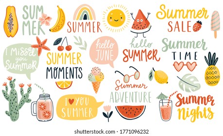 Summer hand drawn Lettering calligraphyc set. Hello Summer, summer time, food, drinks, fruits and other elements. Vector illustration. 