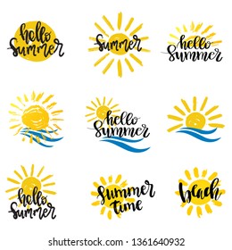 Summer hand drawn lettering elements set vector, Sun and ocean waves with black phrases logo design symbols